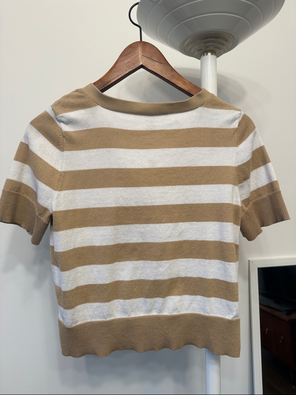 Michael Michael Kors Striped Short-Sleeve Button front Cardigan - Tan & White - Picture 5 of 5